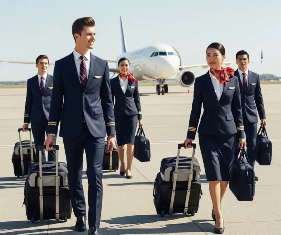 Cabin crew in uniform walking across the airport apron